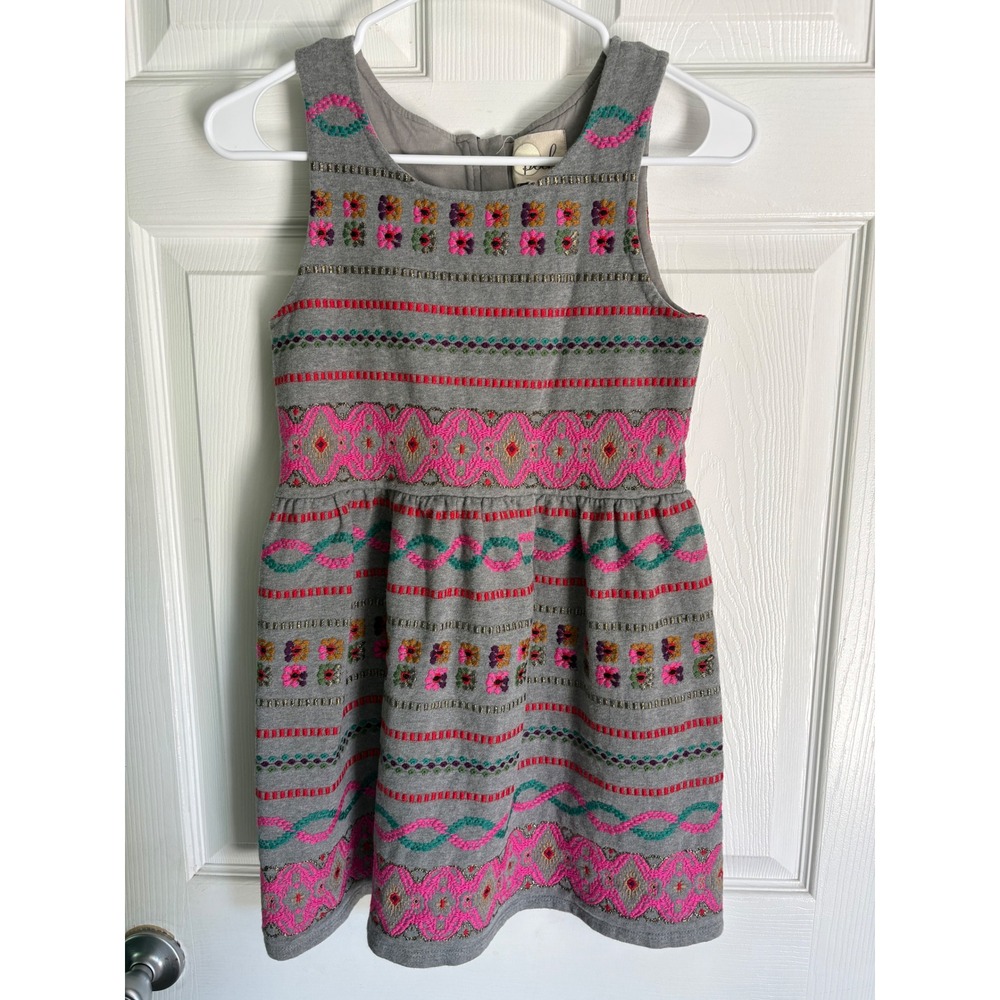 Peek Kids Embroidered Sleeveless Dress XL 10 Gray Pink Boho Jersey Zip Back